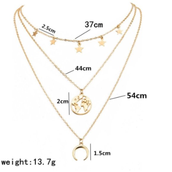 Gold Tone World Map Crescent Moon Stars Necklace - Picture 3 of 4